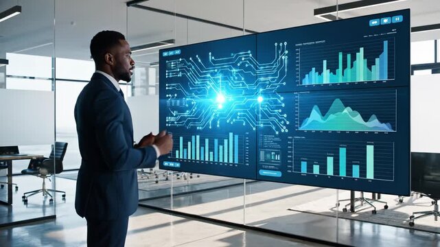 Data analysis business intelligence and financial forecasting in a modern office environment with young professional presenting complex data visualizations on large digital displays Innovation