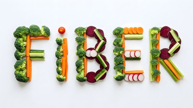 The word Fiber spelled out using fresh raw vegetables on a white background.