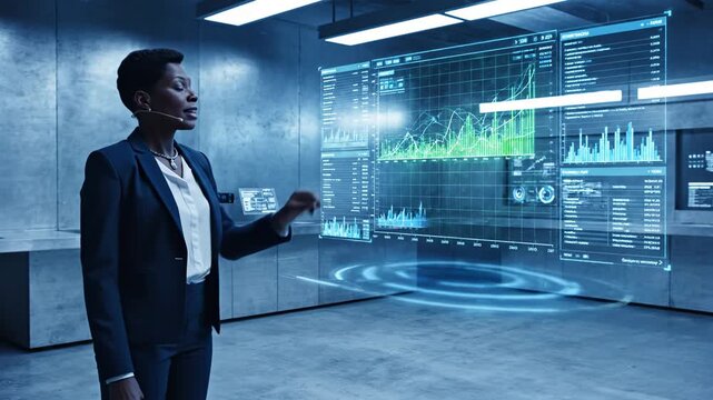 Data analysis business intelligence and financial forecasting in a modern tech environment with female executive presenting complex graphs to demonstrate market trends and strategic insights