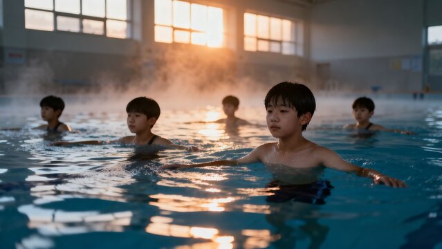 새벽수영장에서운동하는사람들