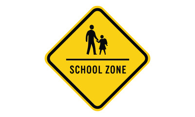 Obraz premium Yellow School Zone Warning Sign with Pedestrian Pictogram