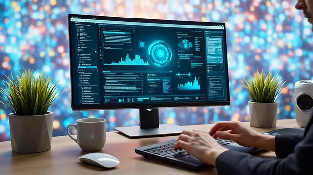 Person working on computer with data display