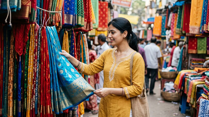 Fototapeta premium Young woman browsing colorful traditional fabrics at a lively street market, examining patterned textiles displayed along a busy outdoor shopping lane.