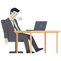 Fototapeta premium Vector illustration of a stressed and exhausted man working on a laptop at his desk.