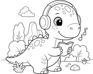 Obraz premium a charming illustration depicts a cute dinosaur wearing headphones and enjoying music in a peaceful outdoor setting with plants and clouds