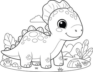 a charming black and white illustration depicts a cute baby triceratops dinosaur standing amid foliage and clouds perfect for coloring © eas2021gkr