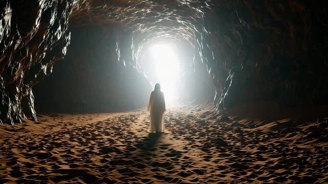 Person walking in a sandfilled cave tunnel