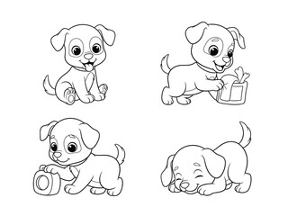Obraz premium Adorable cartoon illustration depicts four playful puppies in various poses showcasing a delightful scene of canine companionship and joy high quality