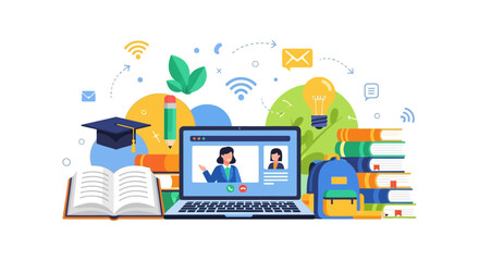 Obraz premium Online E-Learning Video Conference Concept. Distance education with teacher on laptop, books, graduation cap, and knowledge symbols.