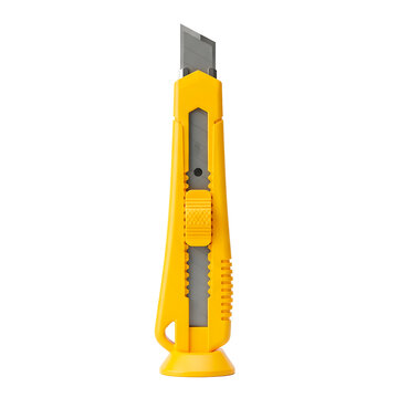 A yellow box cutter with a sharp blade, isolated on background