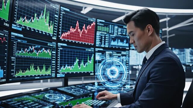 Data analysis financial markets and stock trading in a modern control room for investment strategies market trends and portfolio management with young analyst monitoring charts and graphs on multiple