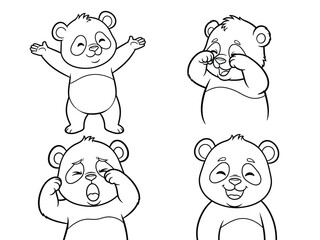 Obraz premium Four adorable panda cartoon characters are depicted in various playful poses expressing different emotions through their body language and facial expressions