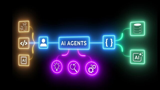 AI agents concept on the black background. Connected artificial intelligence icons and data flow, autonomous workflow, multi agent system. 4k video animation.