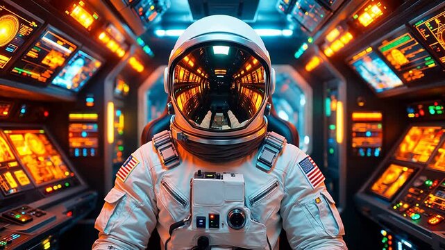 Astronaut in a futuristic spacecraft cockpit