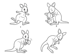 Naklejka premium this black and white illustration depicts four kangaroos in various poses including hopping resting and nurturing a joey showcasing their anatomy