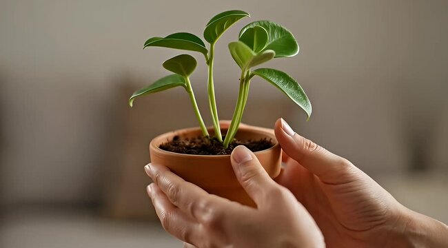 Closeup shot of hands delicately holding a small potted plant with green leaves