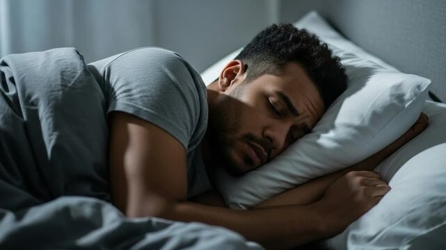 Young adult Black man sleeping deeply in bed with white pillows and grey duvet