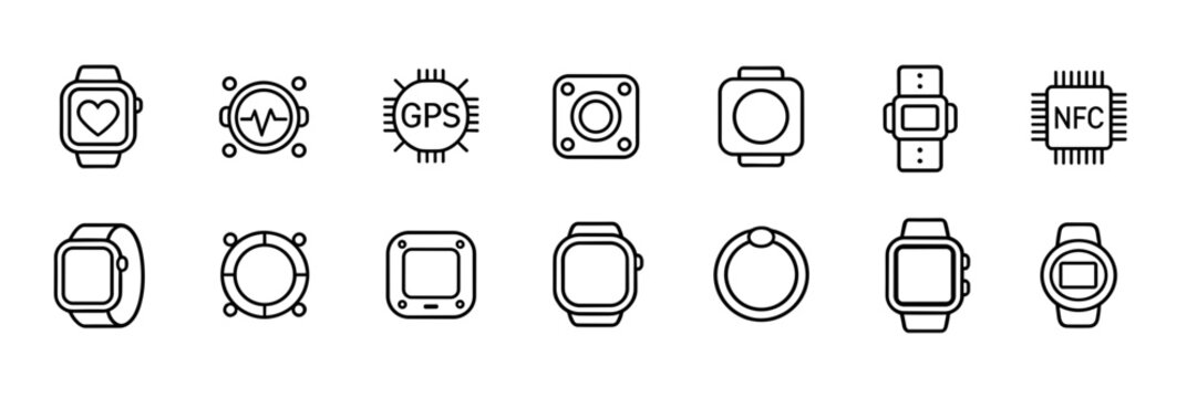 Set of modern digital wearable device icons, smart watch health tracker features and fitness technology symbols for mobile application UI design
