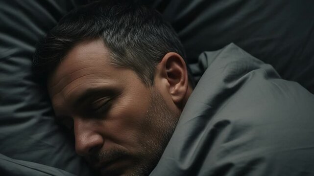 Mature Caucasian man experiencing deep REM sleep and circadian rhythm recovery in dark bedroom