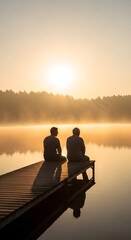 Fototapeta premium Two men sitting on a dock watching the sunrise over a misty lake
