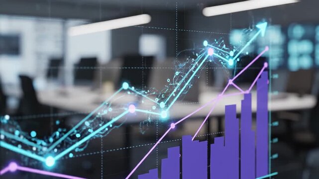 Data analysis statistics and financial growth during market trends for investment strategies business forecasting and economic projections with analyst examining complex graphs in a modern office