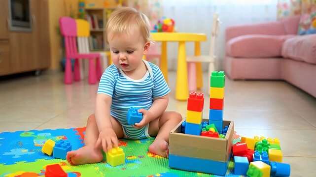 Baby playing with colorful building blocks