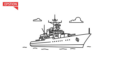 Modern warship illustration, naval destroyer sailing on water, military vessel line art © difka