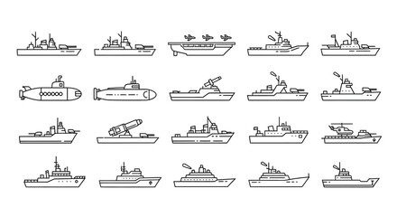 Set of Naval Warships and Military Vessels - Line Art Icons © difka