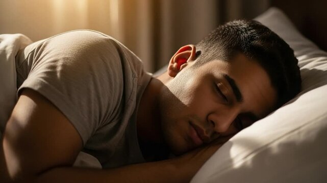 Young adult male shift worker sleeping in bed with earplugs for sensory relief