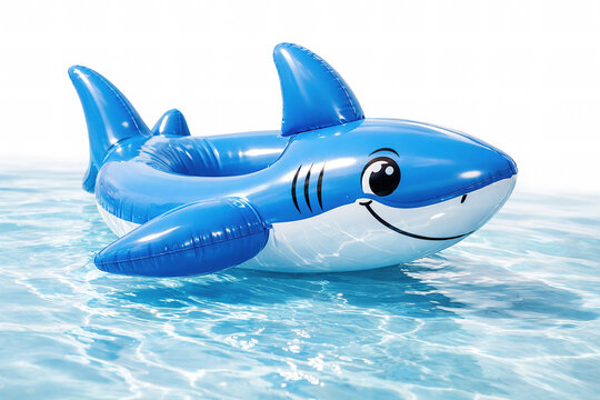Blue inflatable shark pool float on clear water, cute cartoon swimming toy for summer vacation, fun pool party inflatable for kids beach holiday.