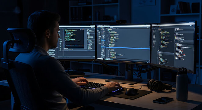 Programmer working late at night on multiple computer screens displaying code