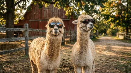 Fototapeta premium Two fluffy alpacas wearing sunglasses, standing in a sunny farm field. Rustic red barn and wooden fence in background. Humorous animal portrait.