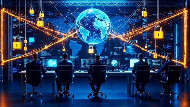 Five people working in a digital security control room