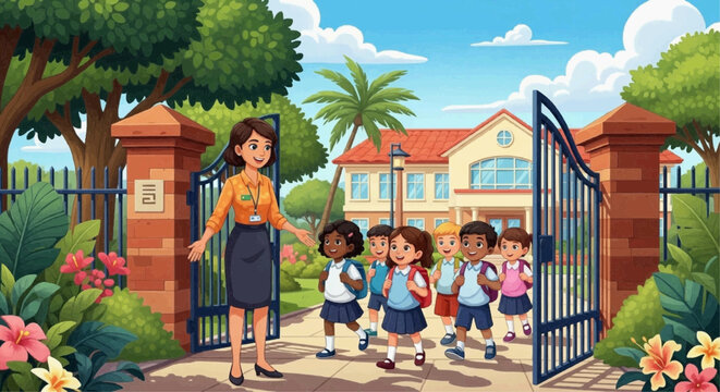 A friendly female teacher welcomes a diverse group of young students in school uniforms with backpacks at the open gate of a vibrant school building surrounded by tropical plants.