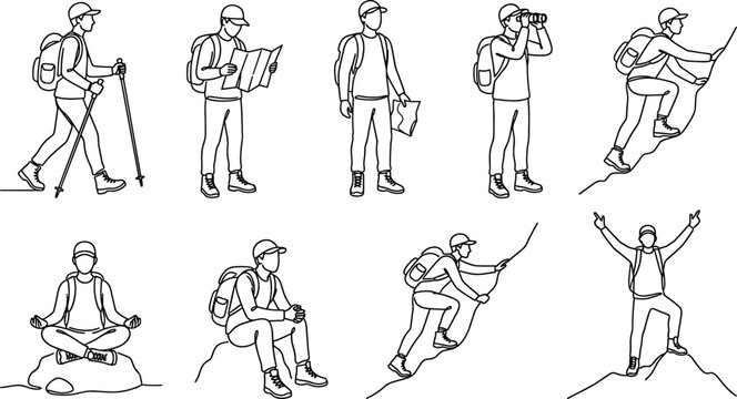Hiker adventure activity line icons set showing trekking, map reading, climbing, binocular viewing, resting meditation and mountain summit success