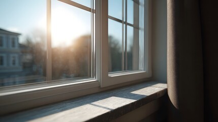 Fototapeta premium Bright sunlight streams through a modern window casting shadows on the ill with a blurred outdoor view