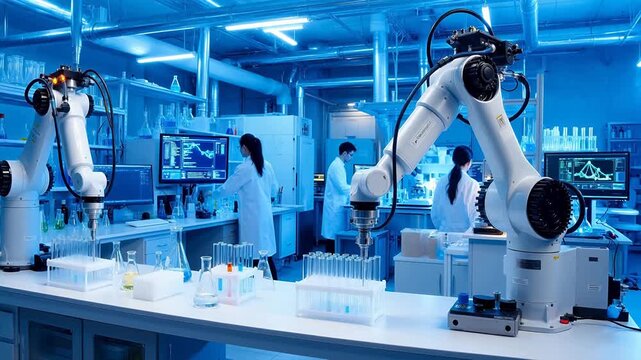 Laboratory with robotic arms and scientists