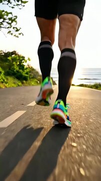 Male runner in black shorts and knee-high socks continues jogging along a coastal road, highlighting colorful running shoes, with the sun setting over the ocean creating a scenic backdrop