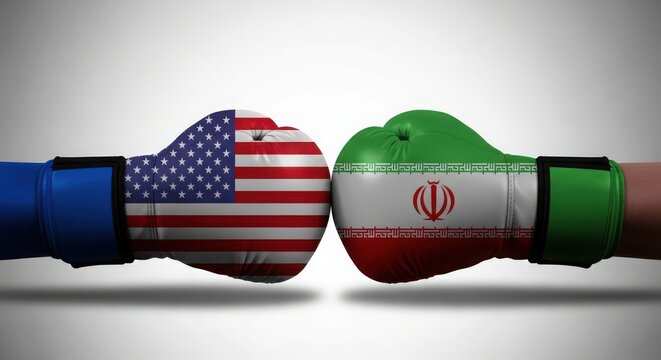 Boxing gloves with usa and iran flags facing each other