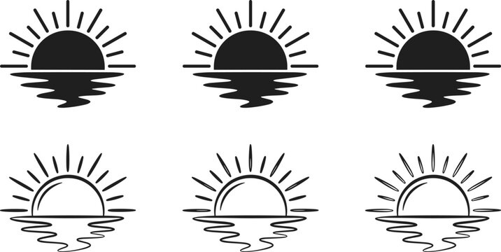 Sunset over water icons set, sun reflection on sea horizon minimal silhouette and outline vector illustration for nature landscape symbol