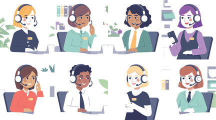 Fototapeta premium Diverse customer service team illustration showcasing various professionals wearing headsets while working on computers in a modern office environment from a top-down viewpoint