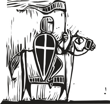 Woodcut style image of a knight on horseback