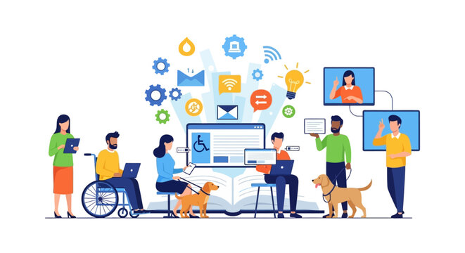 Diverse Team Collaboration and Digital Accessibility Illustration. Inclusive learning and workplace environment featuring people with disabilities and assistive technology.