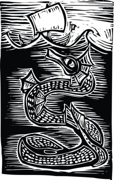 Woodcut style sea serpent with a boat on the waves