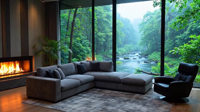 Modern living room with forest view