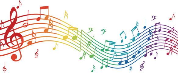 Colorful rainbow musical notes on wave staff illustration, abstract music pentagram vector art, vibrant melody background design, creative song rhythm sound concept.