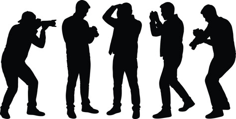 photographer silhouettes collection taking photos with camera, professional photography poses set, male photographers shooting pictures isolated on white background © Sree