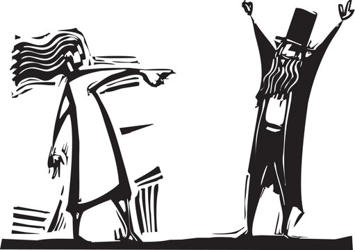 Woodcut style image of a woman accusing a rich man in a top hat 