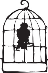 Obraz premium Woodcut style black bird in a cage
