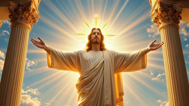 figure with arms outstretched between columns